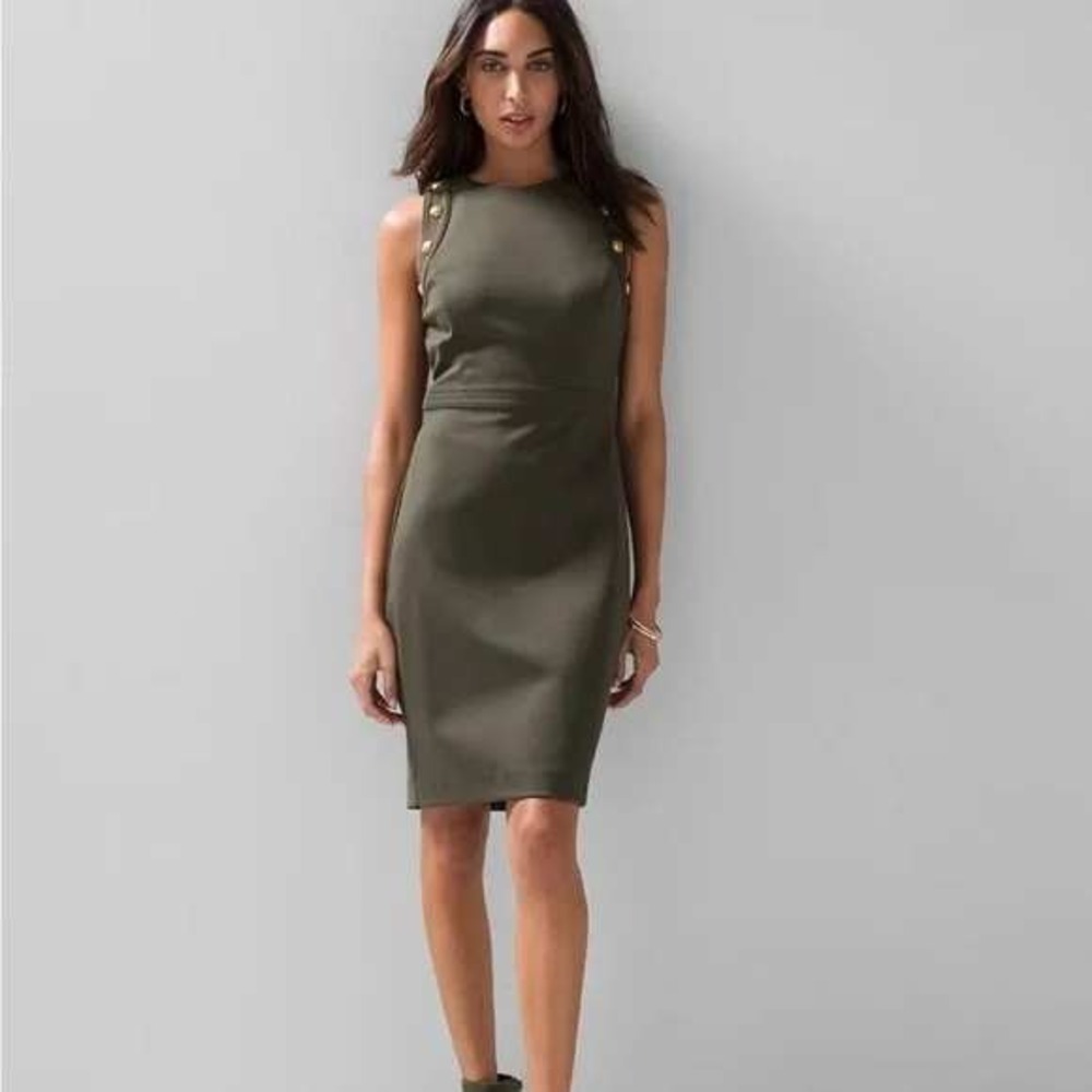NWT White House‎ Black Market Scuba Luxe Olive Green Gold Button Sheath Dress